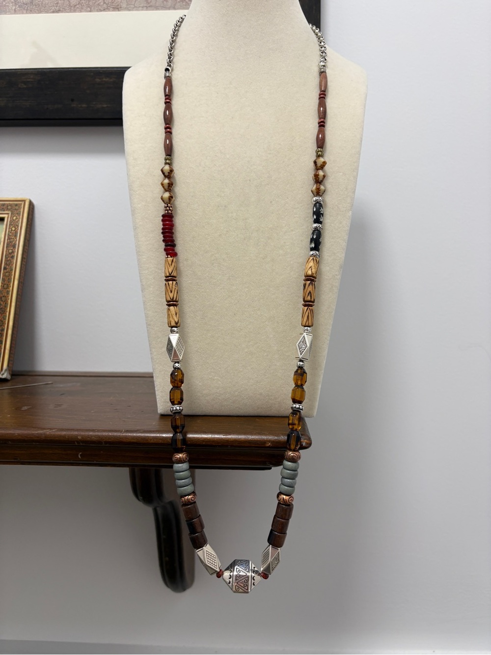 Brighton Aztec Mixed Long Beaded Necklace in Brown & Silver Tone 32” Boho Tribal
